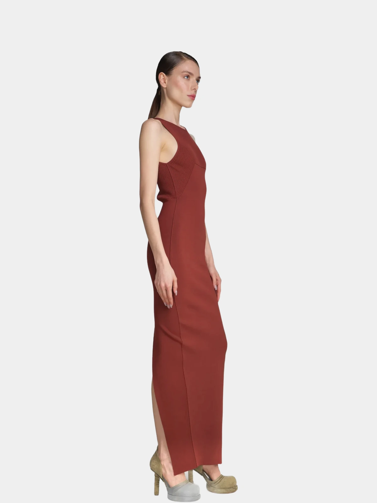 3c664e93-e7eb-48db-b78e-4b88ae4a5342 Коричнева сукня Rick Owens з розрізом позаду - INVOGA